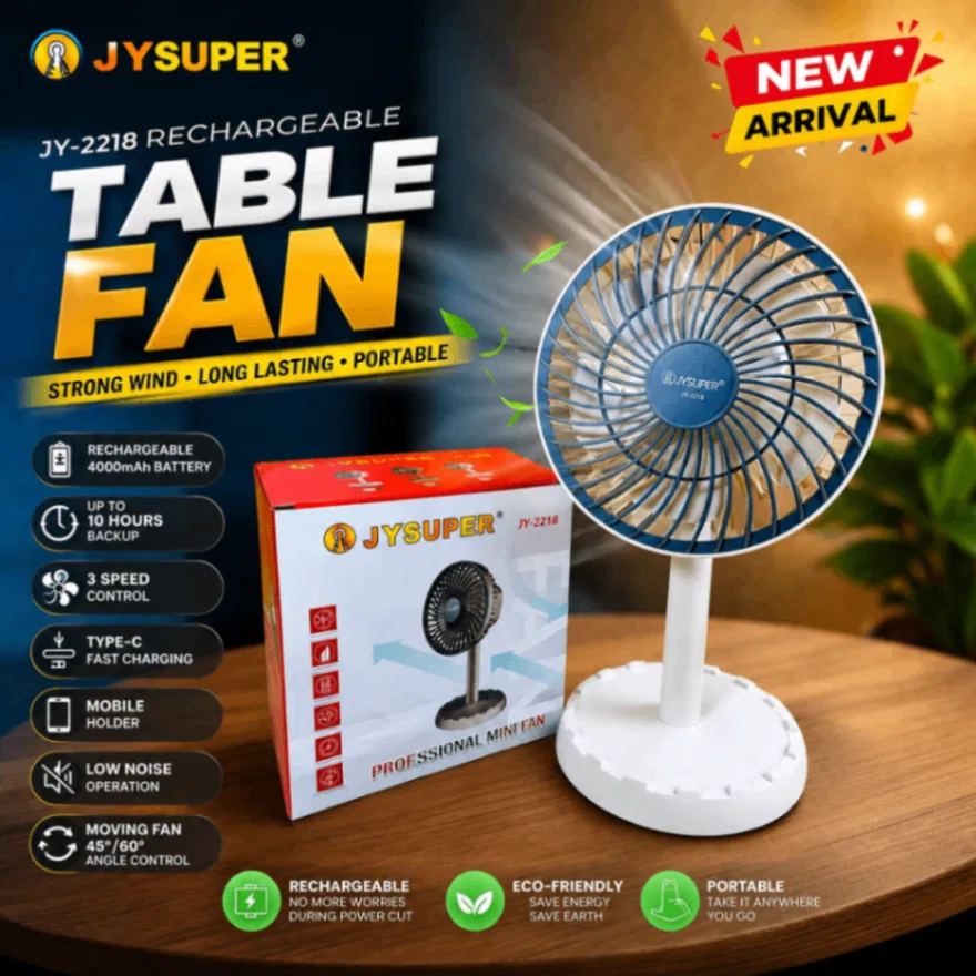 JYSUPER JY-2218 USB রিচার্জেবল মিনি টেবিল ফ্যান